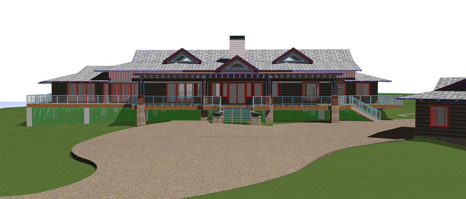 An architect's rendering of a large house with a driveway leading to it.