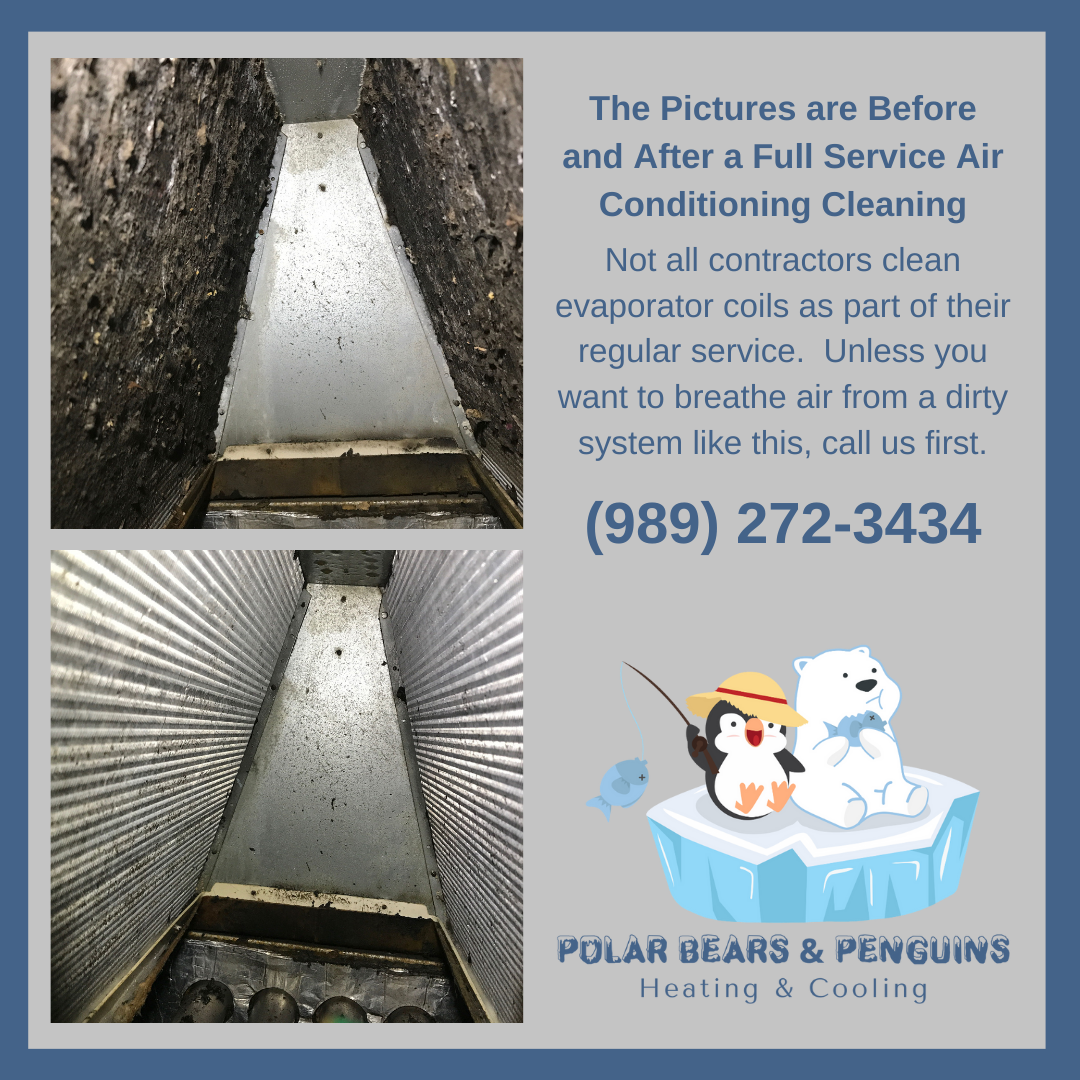 Before/after air conditioner cleaning; dirty and clean evaporator coils. Polar Bears & Penguins Heating & Cooling logo.