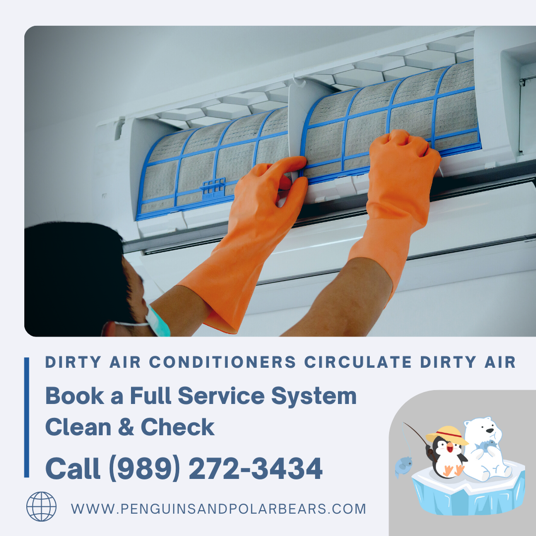 Person cleaning an air conditioner filter, promoting a cleaning service. Text and phone number included.