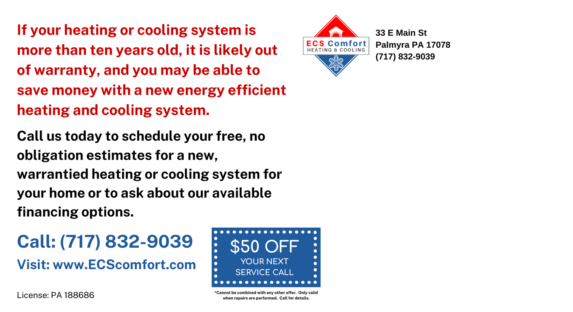 Back of direct mail postcard for a promotion on heating and cooling services