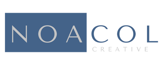 The logo for noacol creative is blue and white.