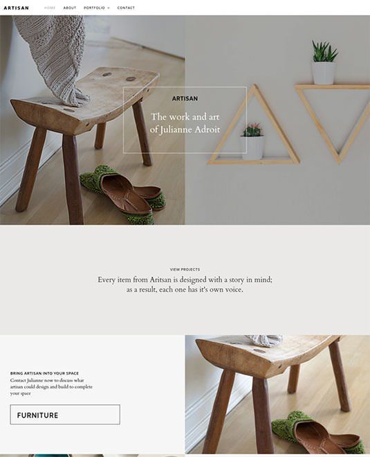 Wooden bench and shelves with plants, displayed on a website homepage.