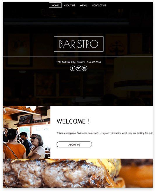 Baristro website homepage: logo, navigation, photo of customers, welcome message, and burger.
