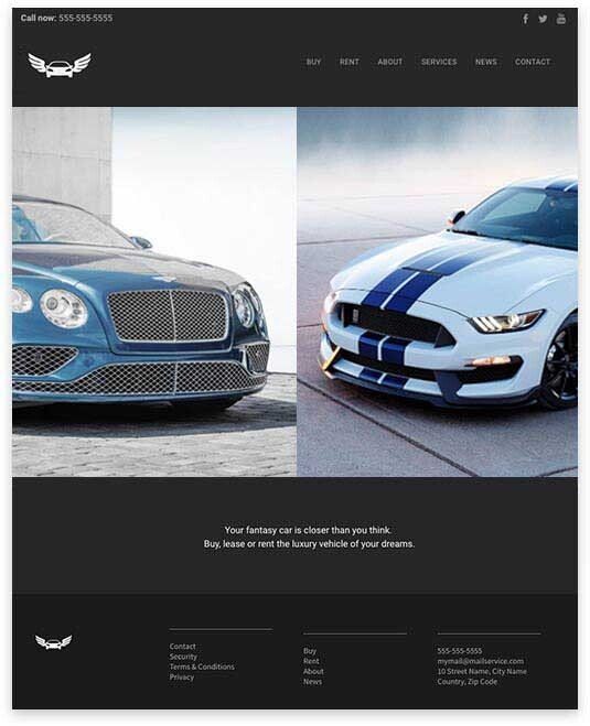 Blue Bentley and white Ford Mustang side-by-side on a website, with a dark background.
