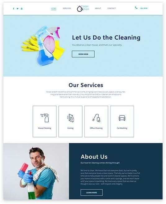 Website for cleaning services, featuring cleaning supplies, service icons, and a man holding cleaning supplies.