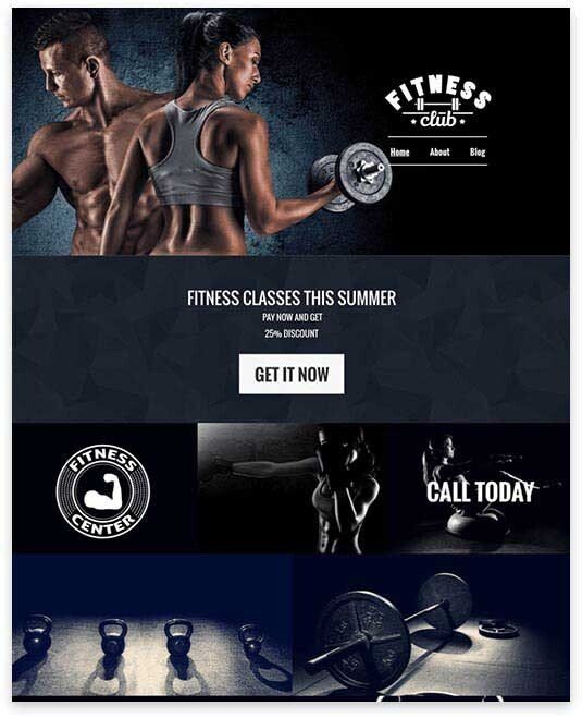 Fitness club ad with muscular people lifting weights; summer fitness classes.