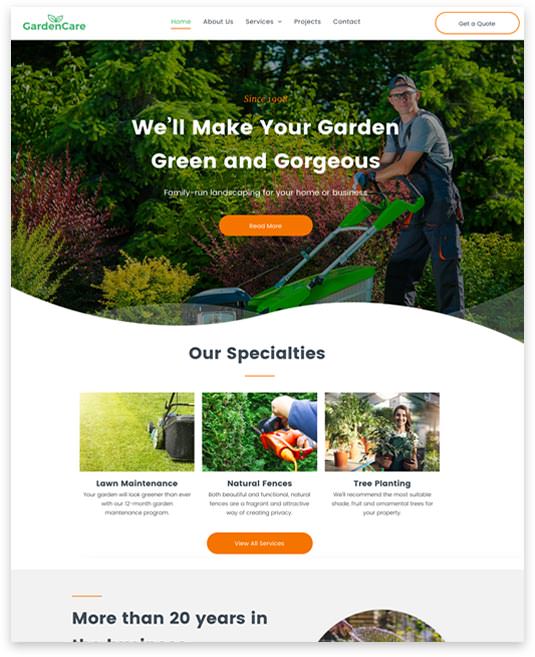 Website homepage: A gardener mowing a lawn, with the text