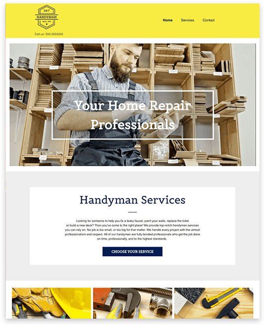 Website promoting handyman services; man working in workshop, text overlay: