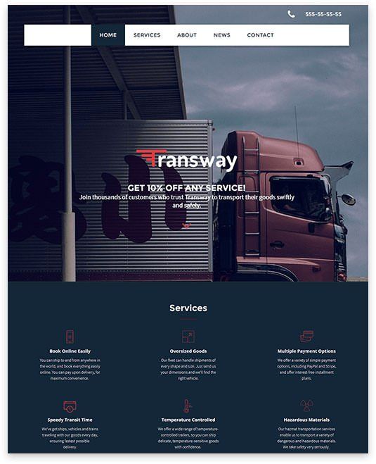 Homepage for Transway: truck in front of a loading dock, blue and white branding.