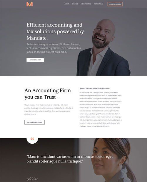 Website landing page with a smiling man and text advertising accounting services.