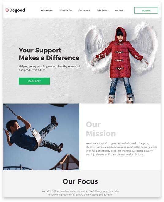 Child making a snow angel; a child on a swing; a website for a cause.
