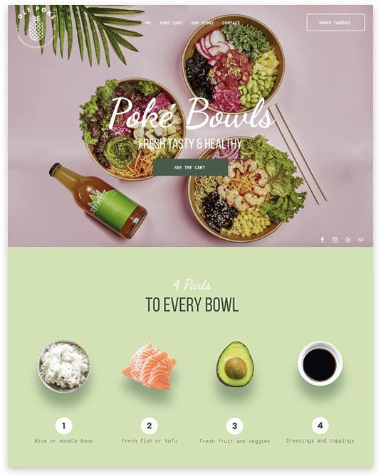 Homepage with poke bowls and instructions; bowls of food, bottle, ingredients on light green backdrop.