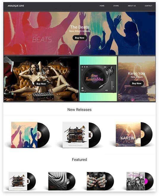 Website with music theme. Shows banner with crowd, album covers, and vinyl records.