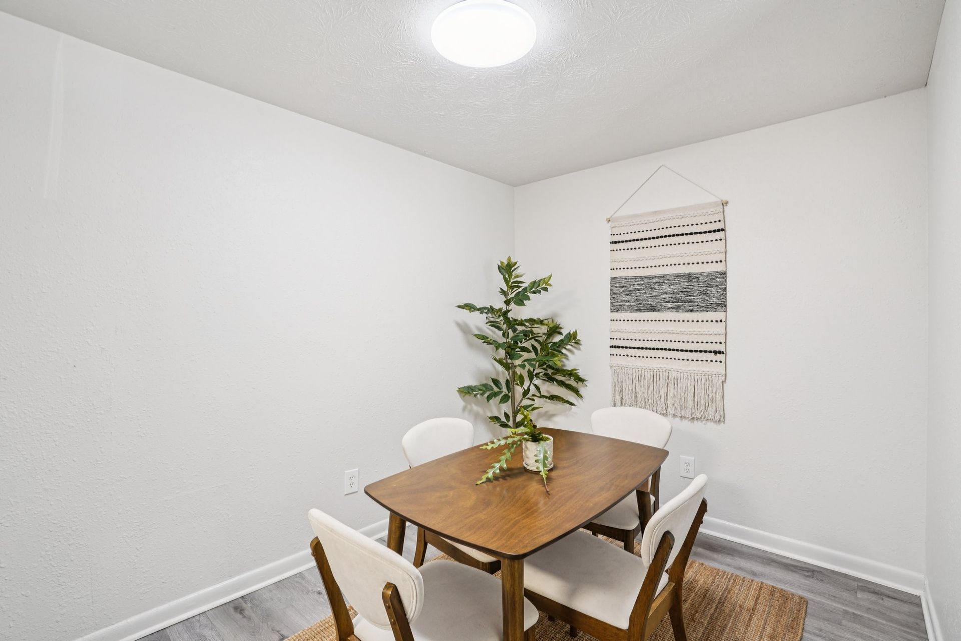 White-walled dining room with a wooden table, four white chairs, and a decorative wall hanging. A plant sits in the center of the table.