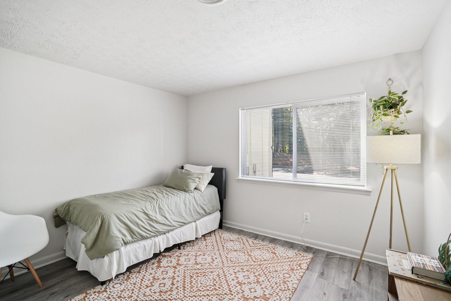 Bedroom with a twin bed, window with blinds, area rug, floor lamp, and hanging plant. Walls and ceiling are white, floor is gray.