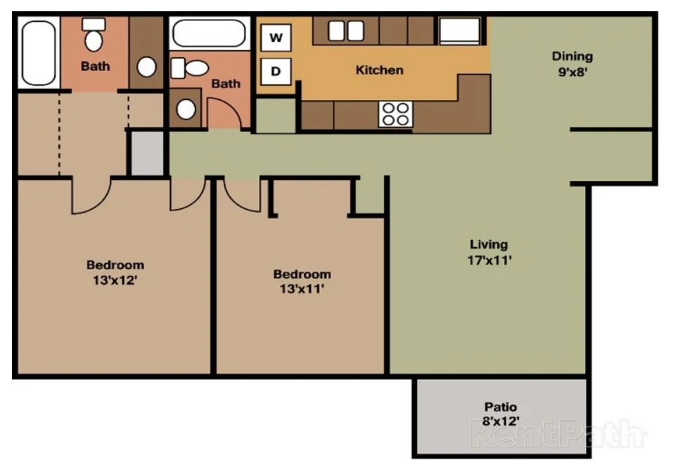 A floor plan of Dwell @ 750 with two bedrooms and a dining room