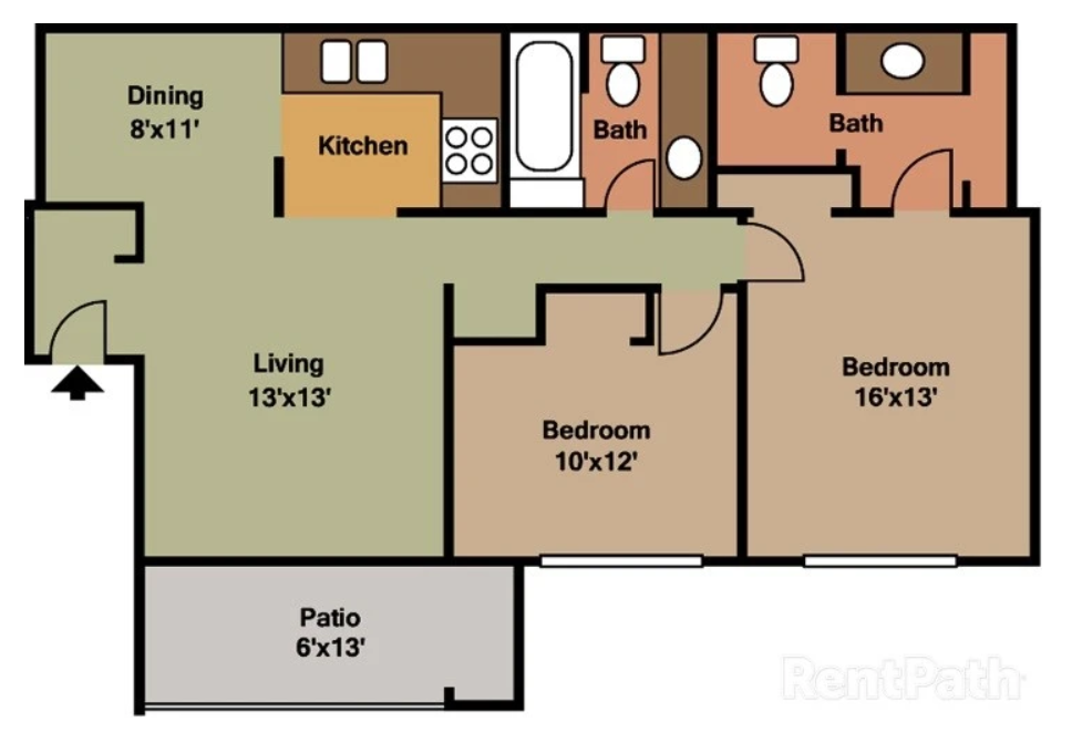 A floor plan of Dwell @ 750  with two bedrooms and a patio