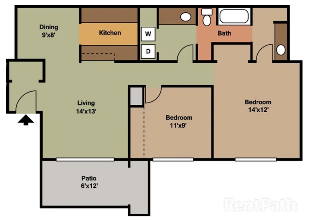A floor plan of Dwell @ 750 with two bedrooms and a bathroom
