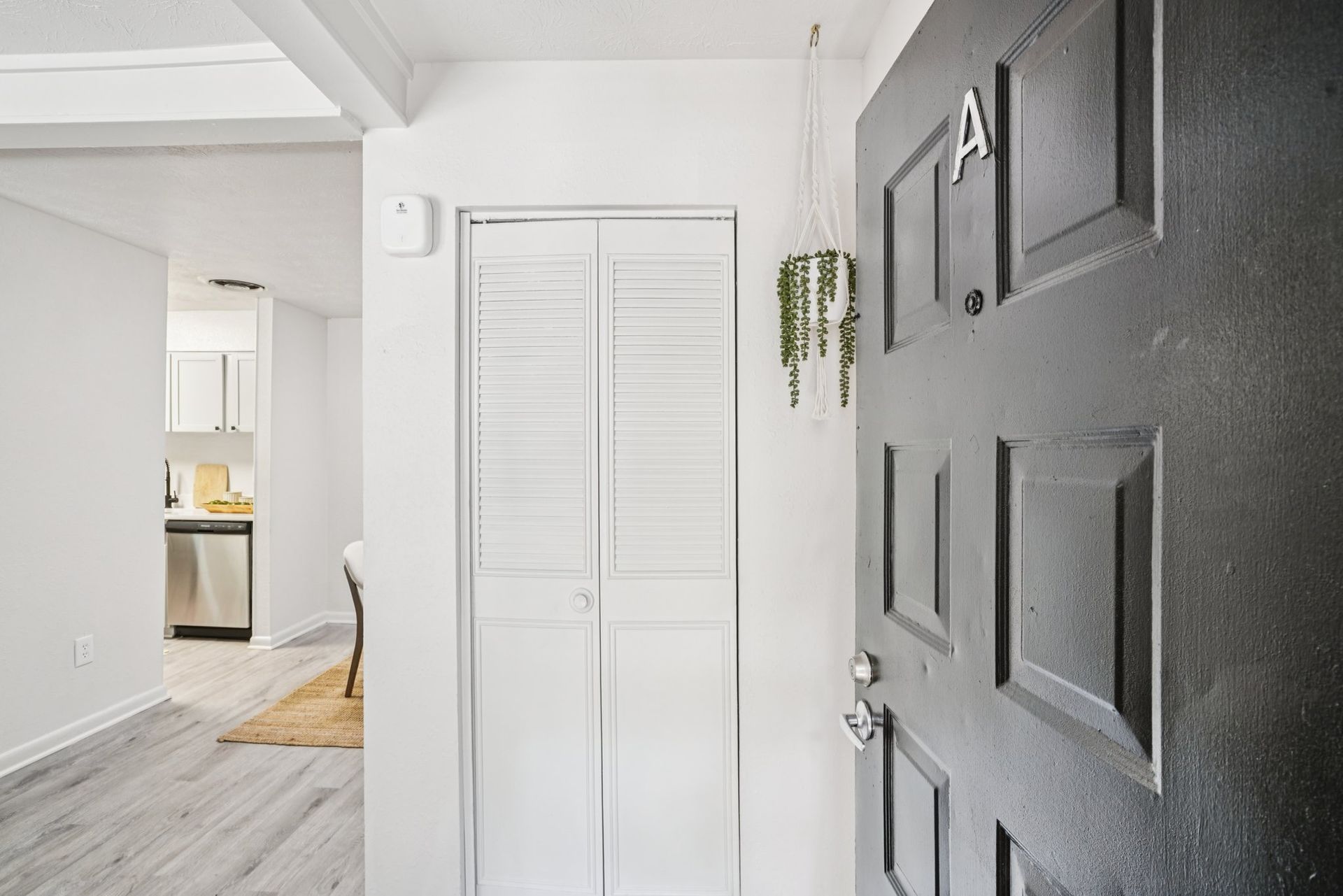 A black apartment door with a letter 