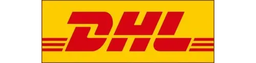 DHL logo: Red letters "DHL" inside a yellow rectangle, with red stripes.