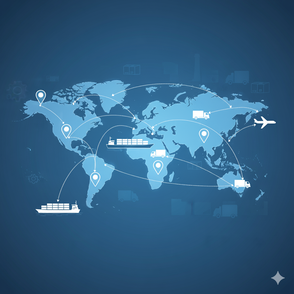 World map with interconnected transport routes showing global shipping and logistics.