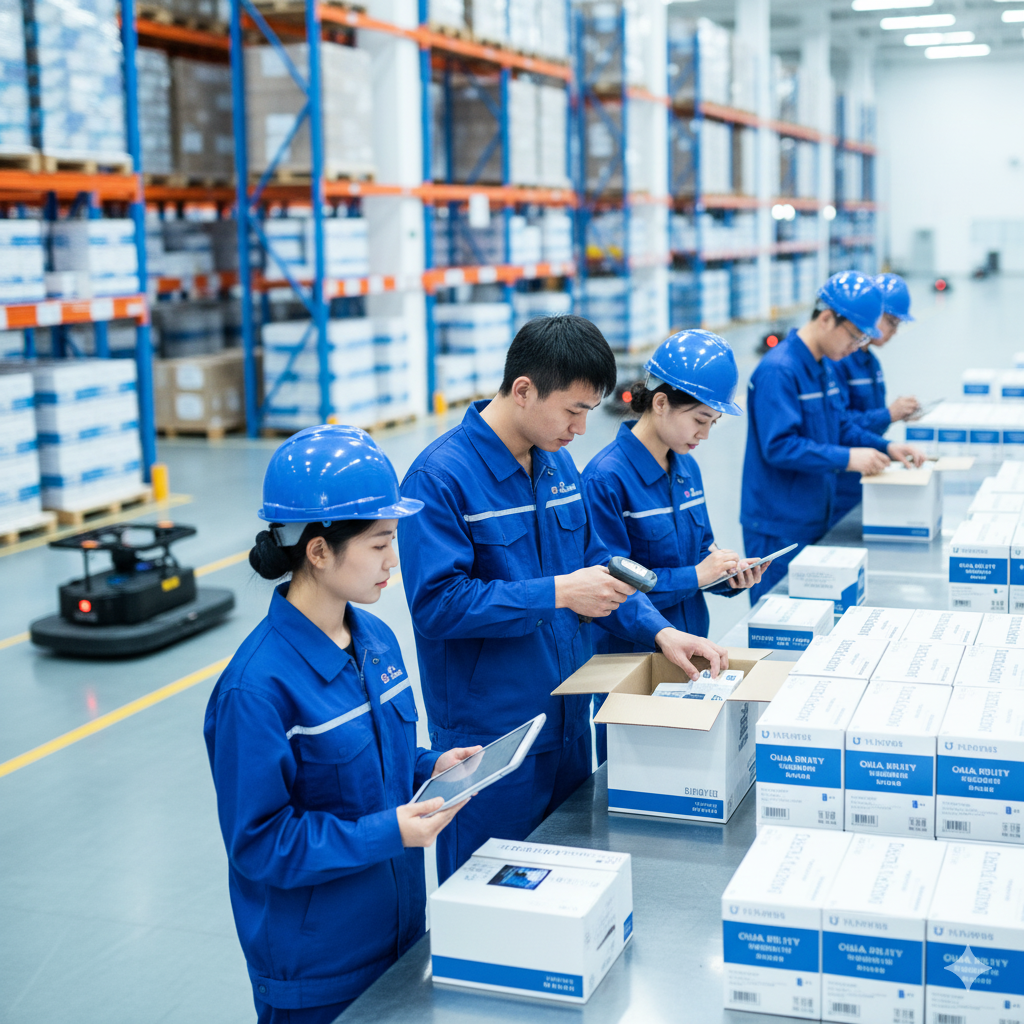 Warehouse workers in blue uniforms and hard hats, packing boxes.