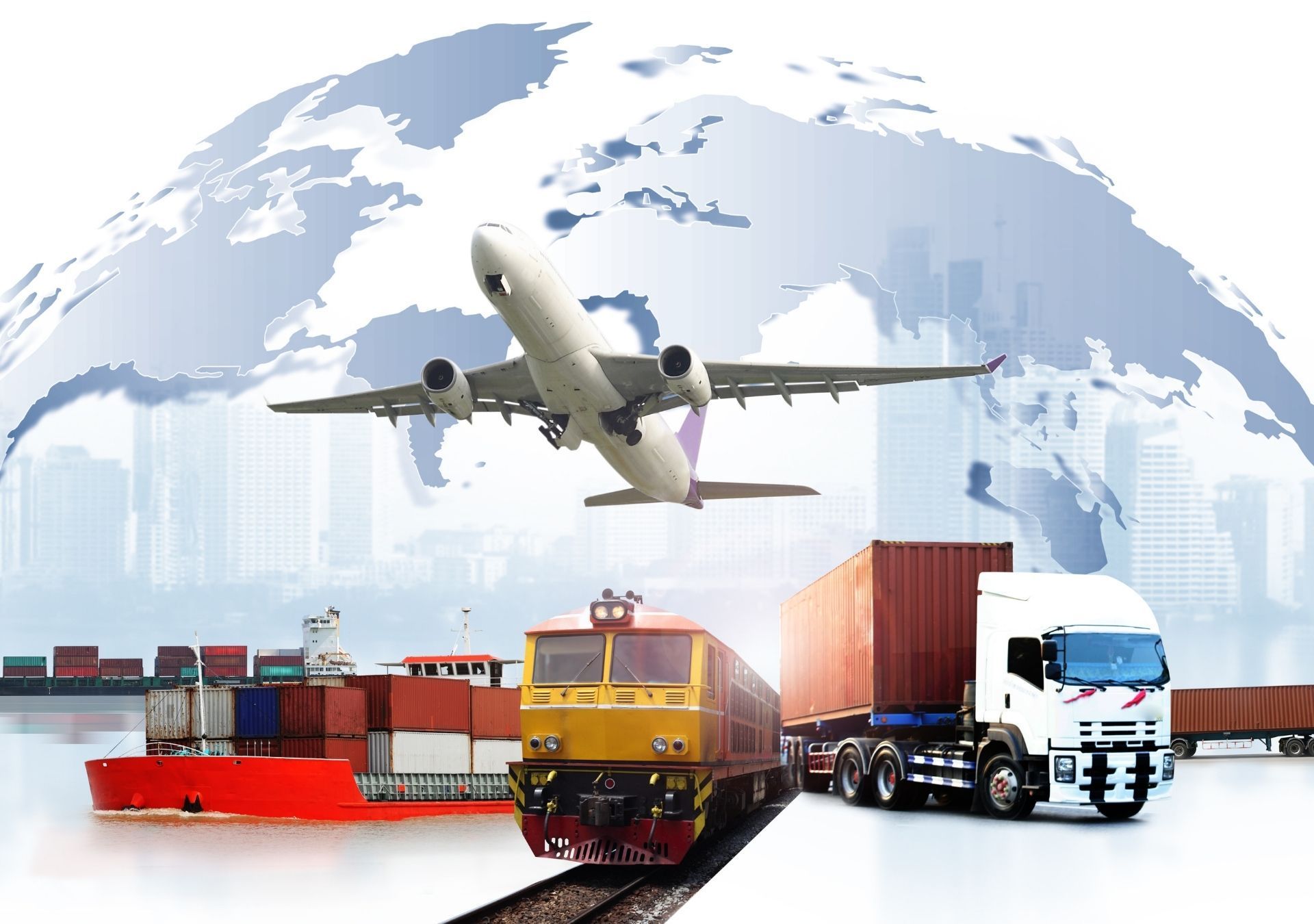 Global shipping and logistics: airplane, ship, train, and truck against a world map.