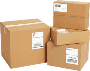Cardboard boxes, stacked, with shipping labels attached.