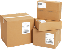 Cardboard boxes, stacked, with shipping labels attached.