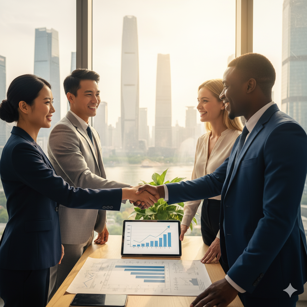 Businesspeople shaking hands in an office, celebrating a deal with charts and city view.