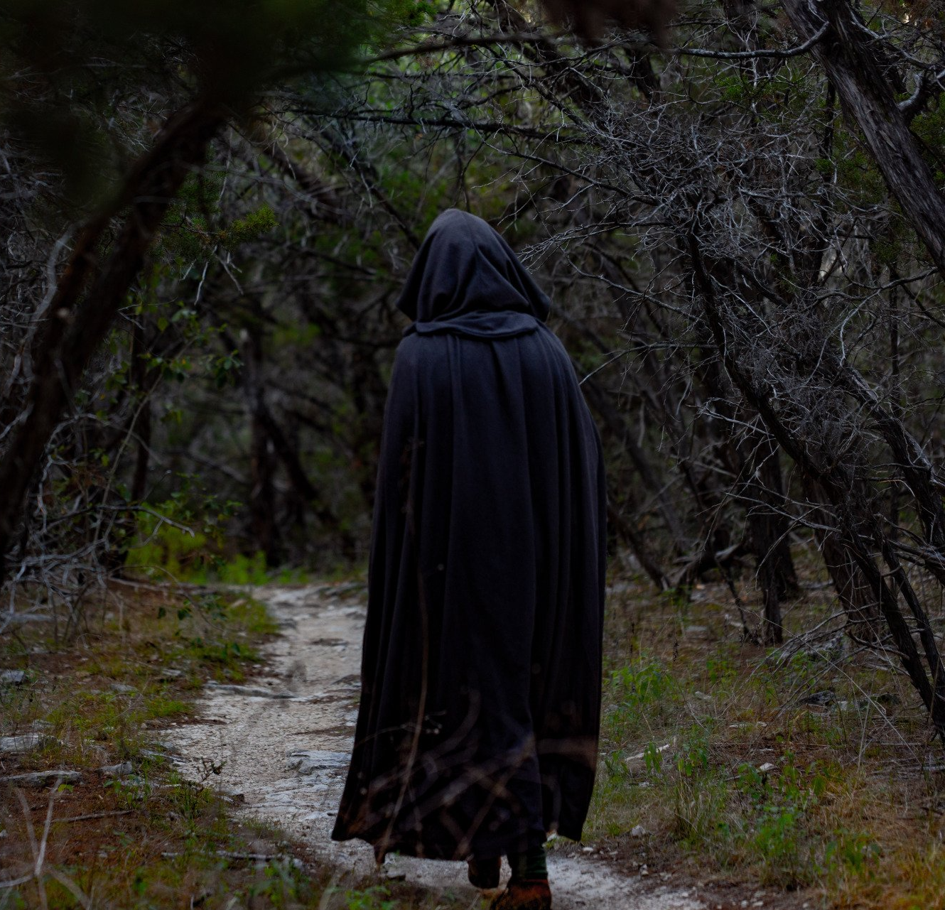 Person in black hooded cloak walks along a path in a dark forest.