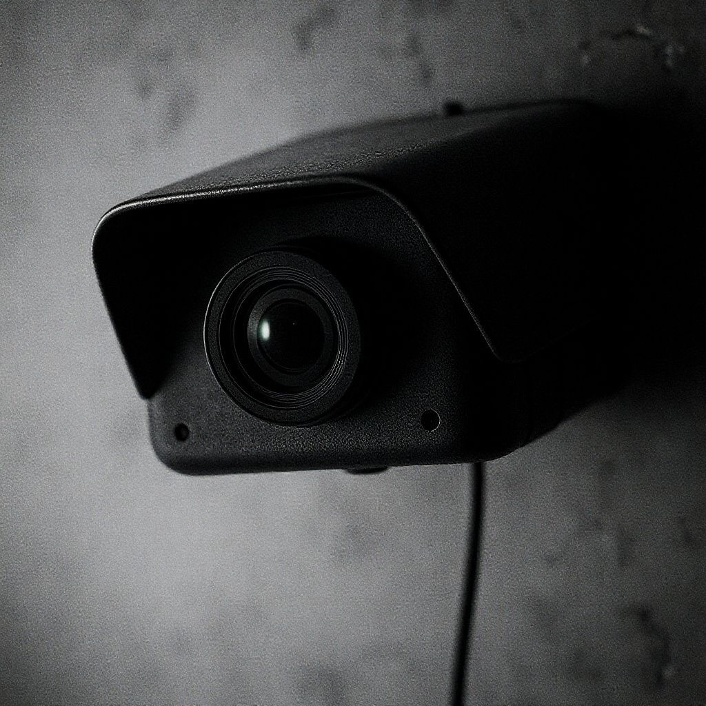 Black and white security camera mounted on a textured wall, pointed forward.