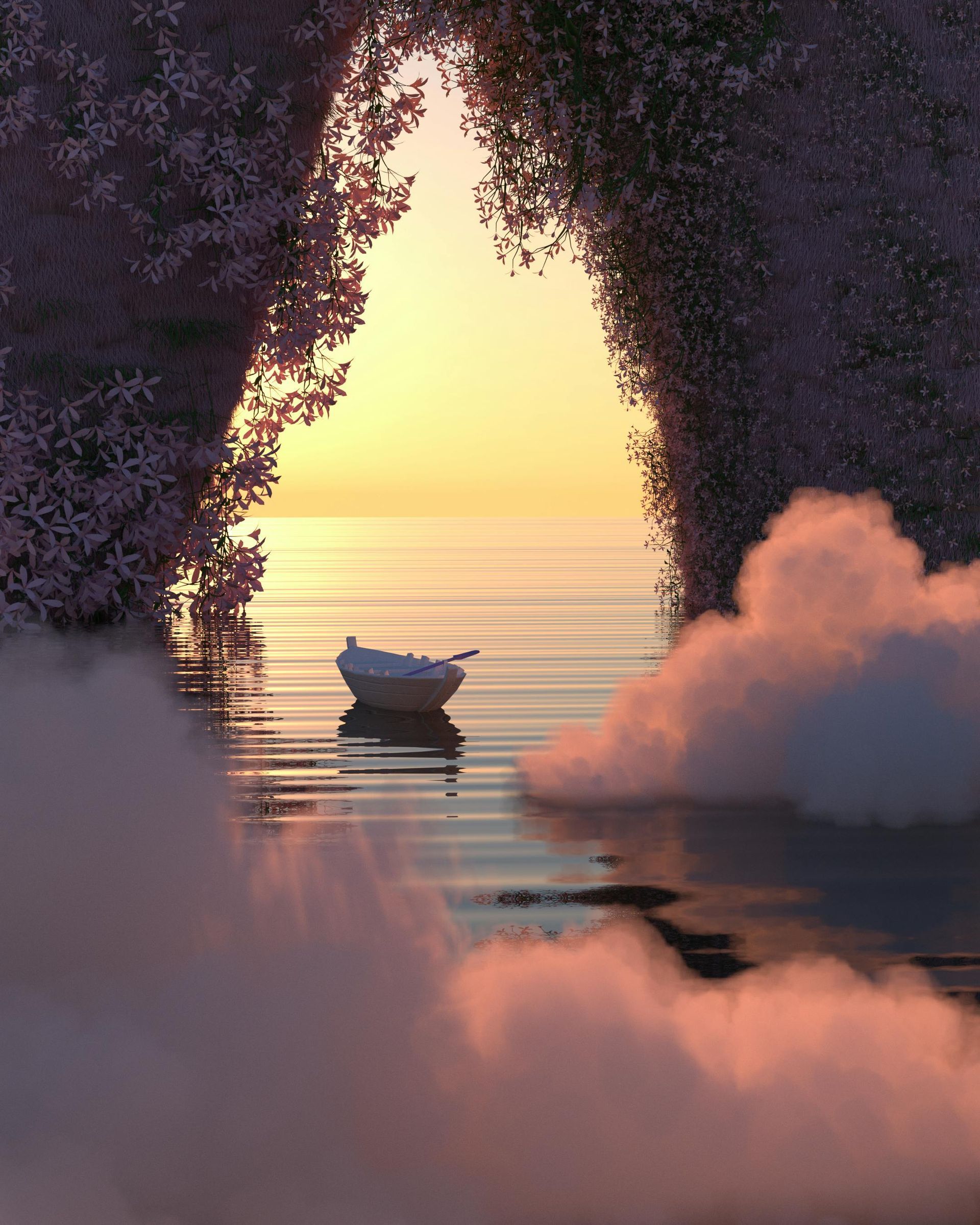 A boat is floating on top of a body of water surrounded by clouds.
