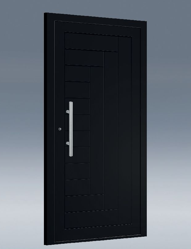 Una moderna porta d'ingresso nera con un motivo geometrico rettangolare e una maniglia verticale argentata.