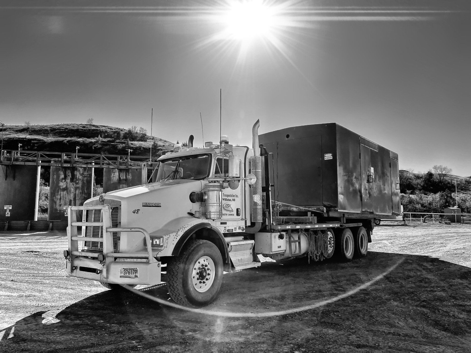 black and white picture of a semi