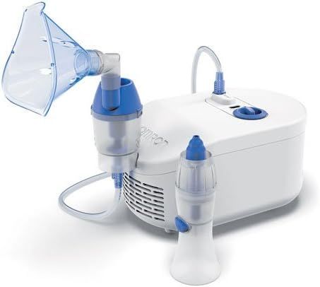 Un nebulizzatore bianco e blu con una maschera attaccata.