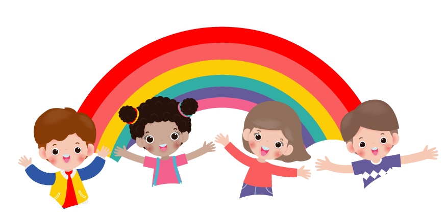 Un gruppo di bambini si tengono per mano sotto un arcobaleno.