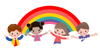 Un gruppo di bambini si tengono per mano sotto un arcobaleno.