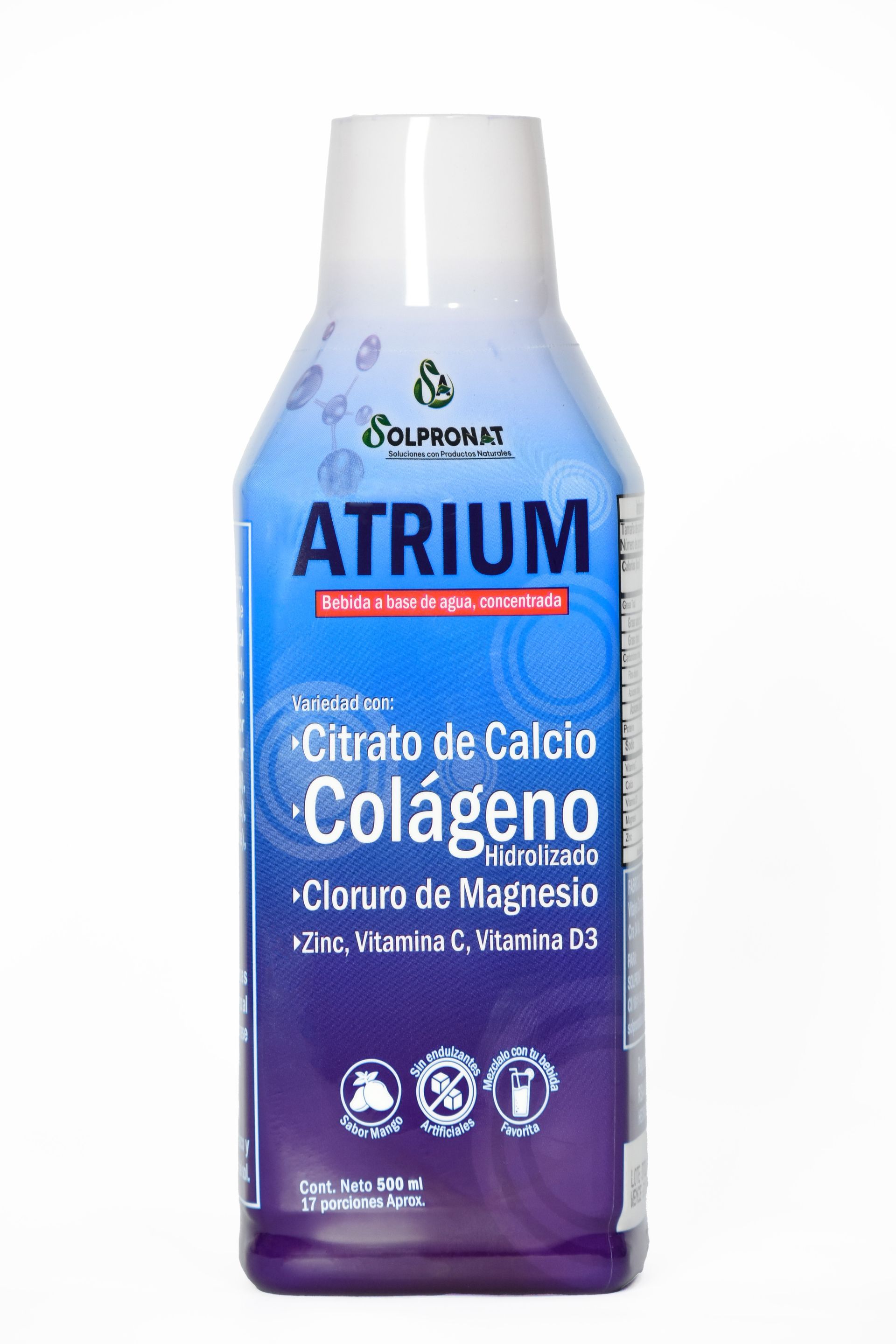 Un frasco de suplemento líquido Atrium que contiene citrato de calcio, colágeno, cloruro de magnesio, vitamina C y vitamina D3.
