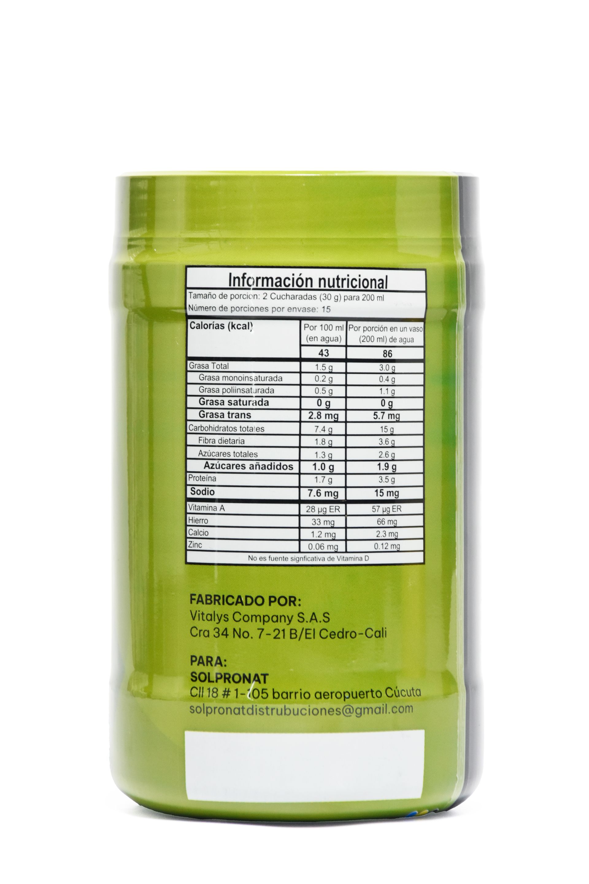 Un frasco cilíndrico de polvo de suplemento