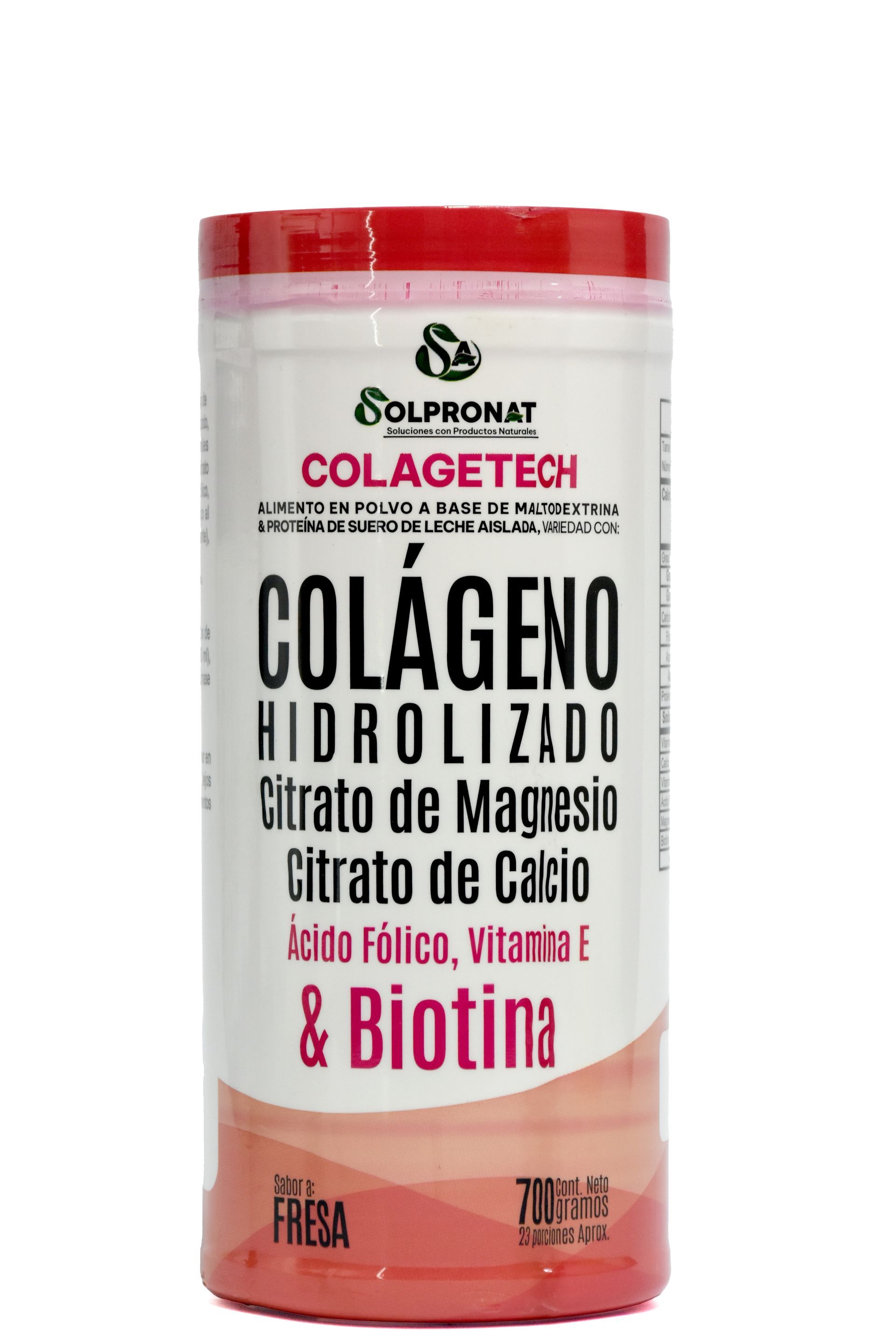 Un frasco cilíndrico blanco de Solpronat Colagetech, un suplemento de colágeno hidrolizado con sabor a fresa.