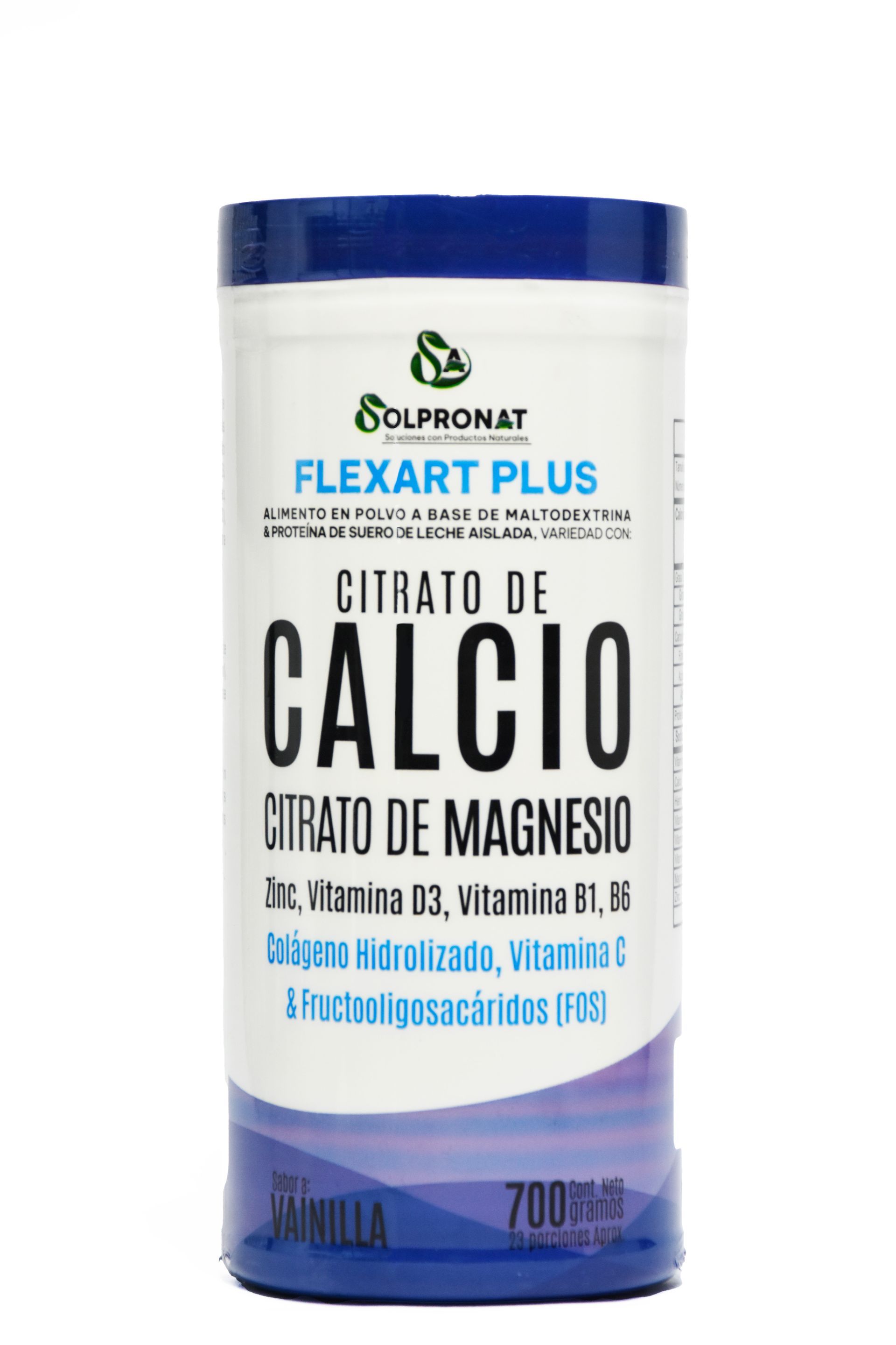 Un envase blanco de polvo Solpronat Flexart Plus con la marca en color azul, que contiene calcio, magnesio y vitaminas.