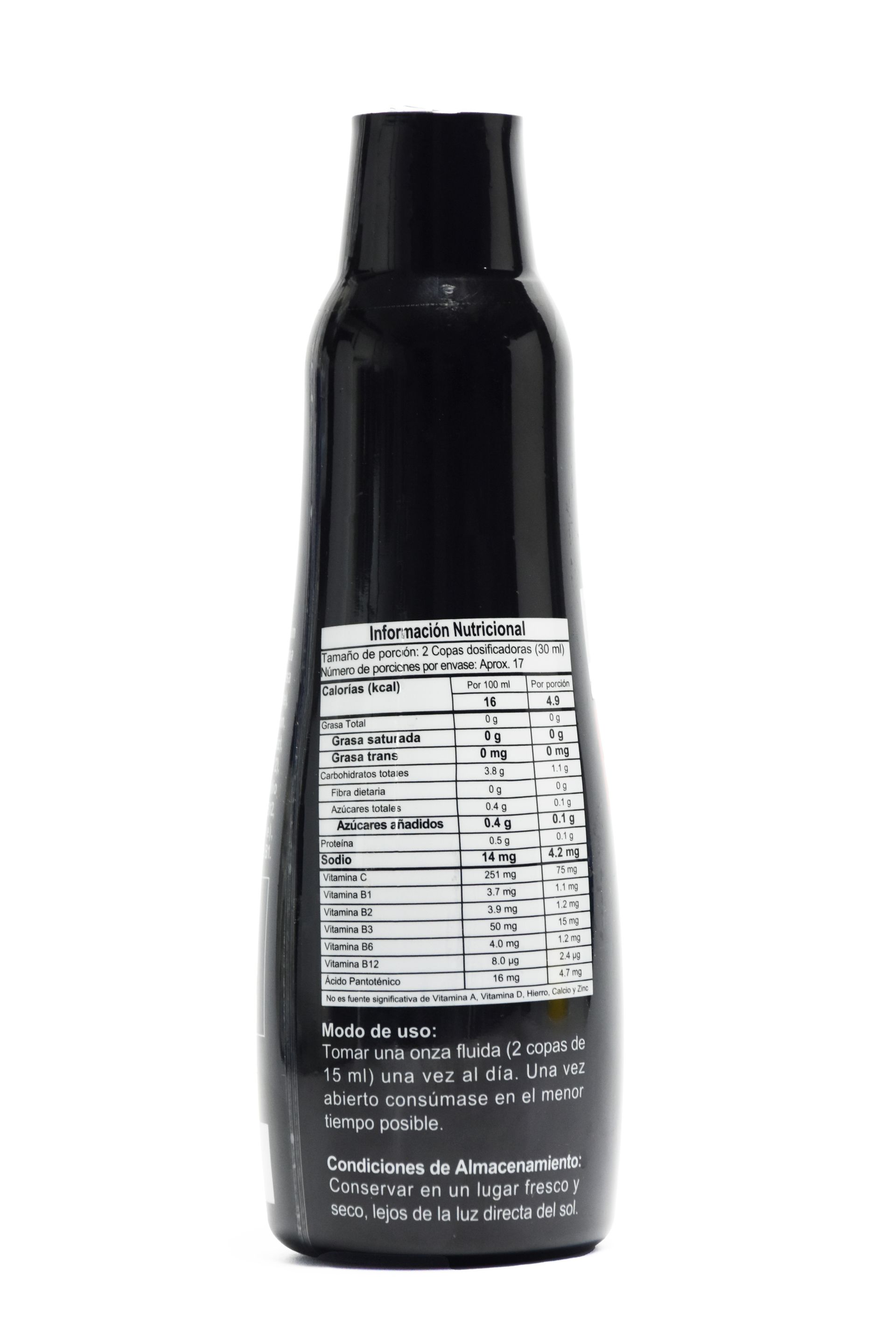 Una botella negra del suplemento Solfrontat Power Effects con un texto que enumera los ingredientes: boroji, maca y vitaminas, con gráficos de fuego.