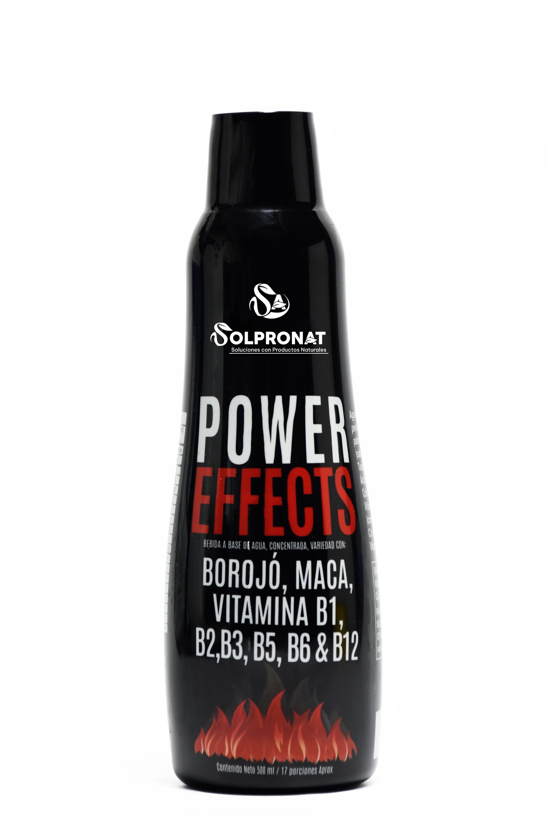 Una botella negra del suplemento Solfrontat Power Effects con un texto que enumera los ingredientes: boroji, maca y vitaminas, con gráficos de fuego.
