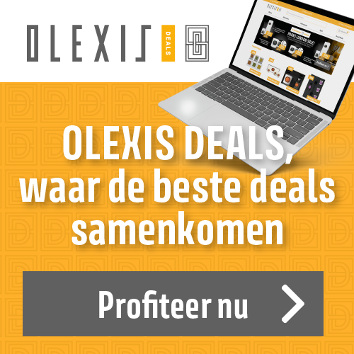 Een advertentie voor olexis behandelt een laptop op een gele achtergrond.