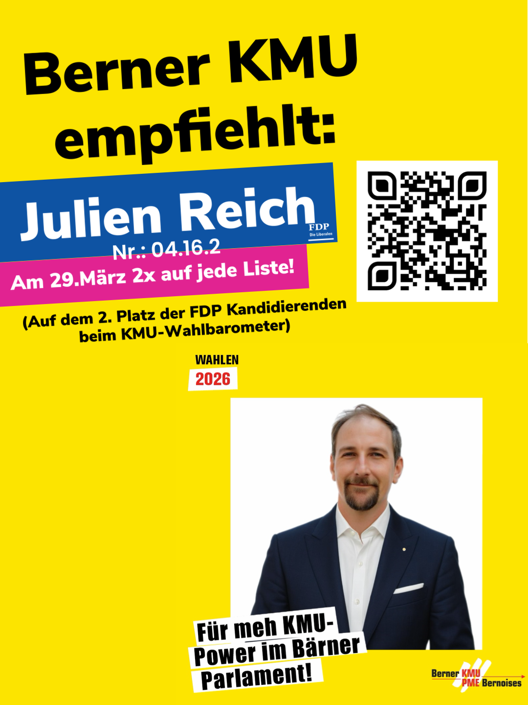 Verband Berner KMU empfiehlt Julien Reich zur Wahl in den Grossrat