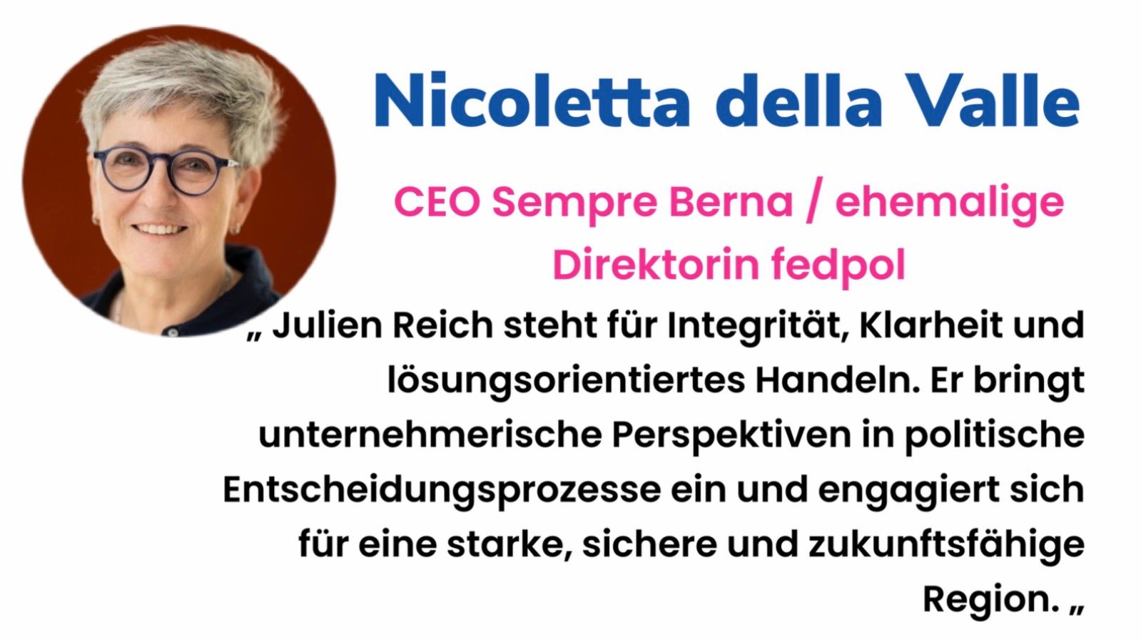 Nicoletta della Valle empfiehlt Julien Reich zur Wahl in den Grossrat