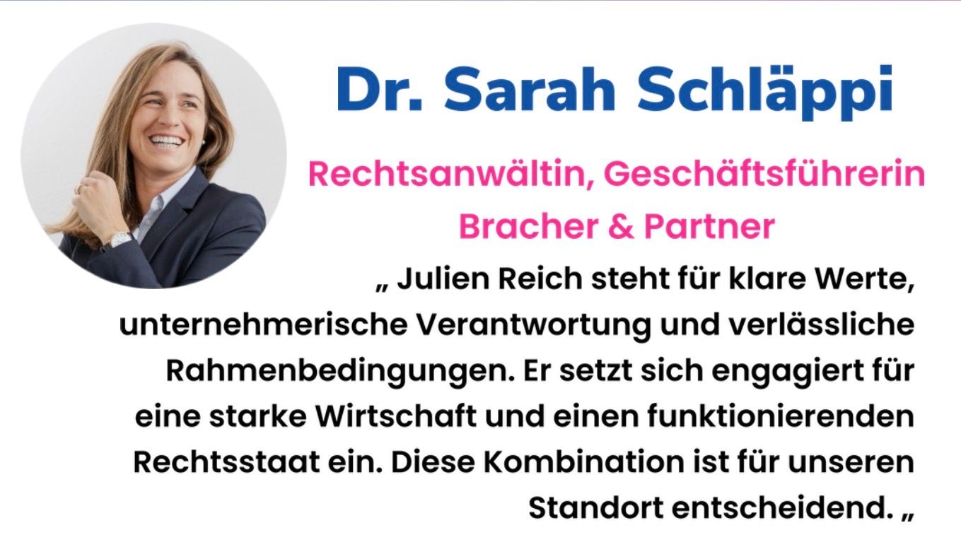 Dr. Sarah Schläppi empfiehlt Julien Reich zur Wahl in den Grossrat