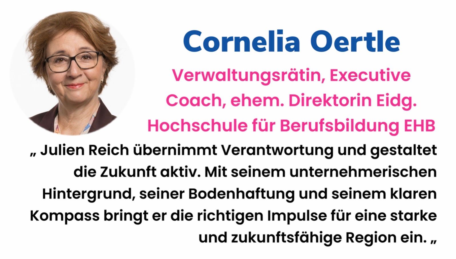 Cornelia Oertle empfiehlt Julien Reich zur Wahl in den Grossrat
