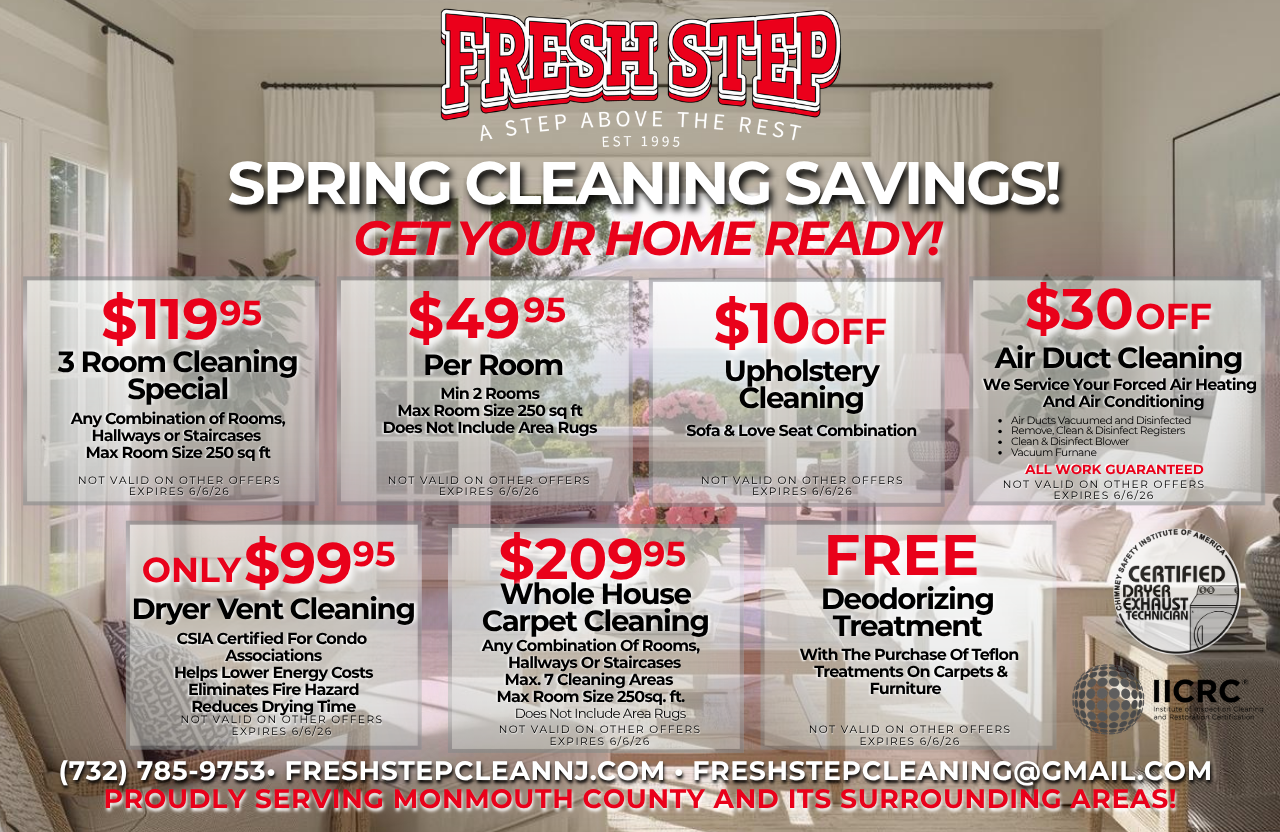 Ad for FreshStep Cleaning Services: Spring savings on carpet, duct, and upholstery cleaning in New Jersey.